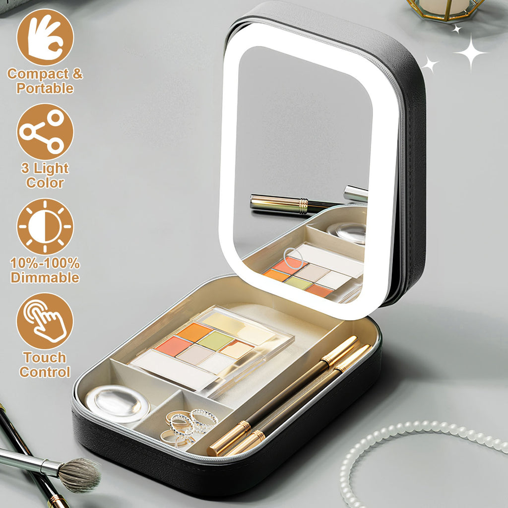 Travel Makeup Bag with LED Mirror - Portable Rechargeable Cosmetic Case
