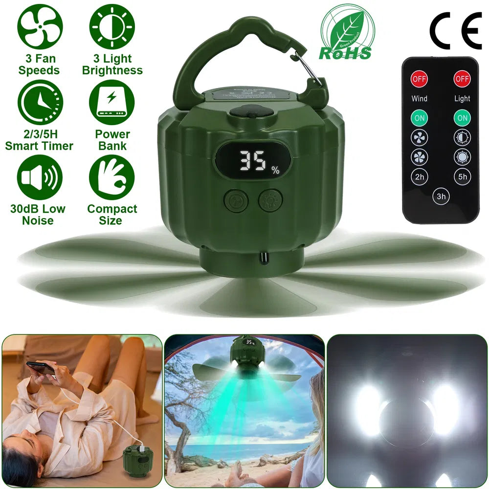 Rechargeable Camping Fan with LED Light - Hanging Tent Fan & Power Bank for Outdoors