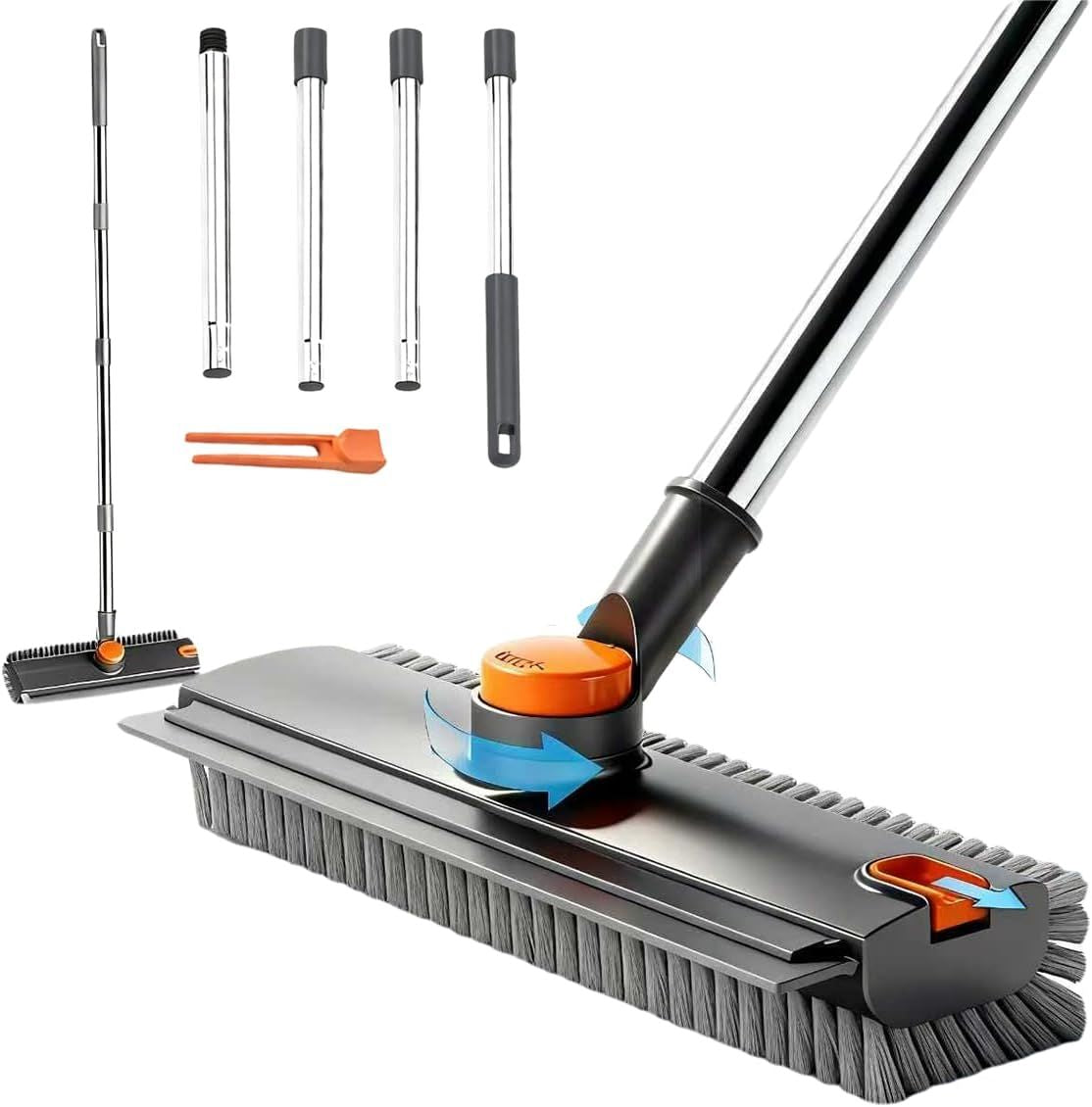 3-in-1 Floor Scrub Brush - Long-Handle Stiff Brush with Squeegee for Tile & Bathroom