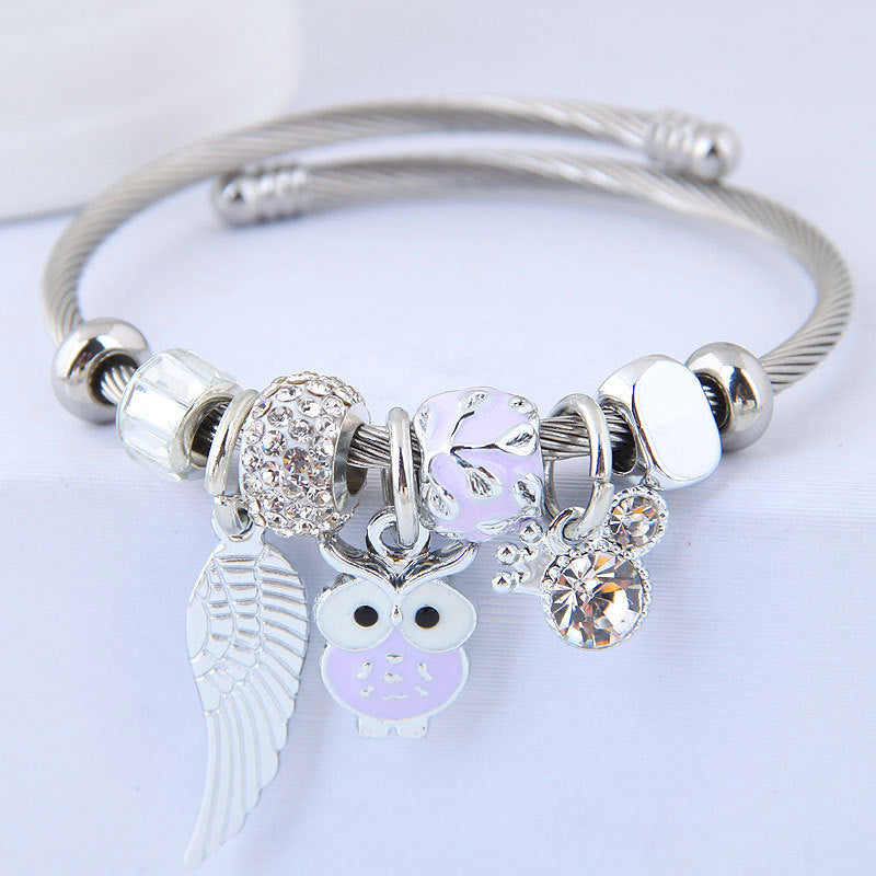 Owl Angel Wings Beaded Bracelet - Cute Stainless Steel Charm Bracelet