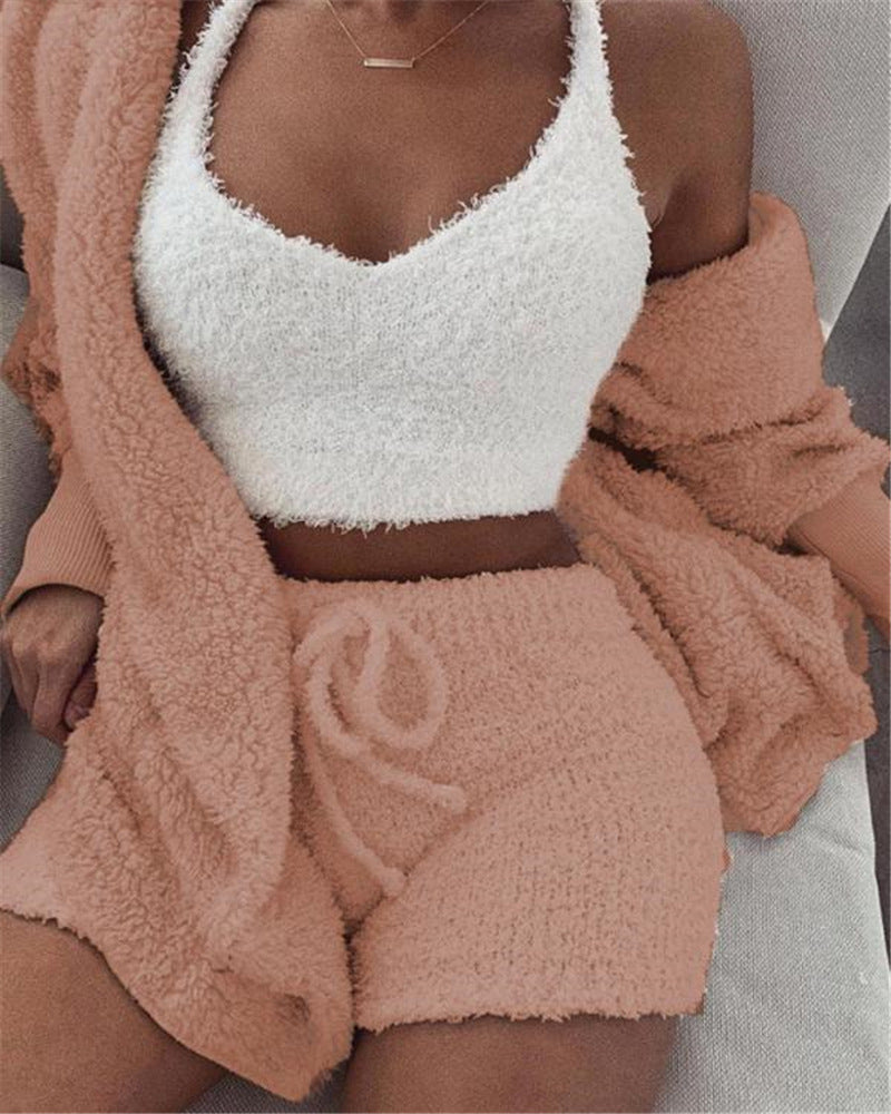 Women's 3-Piece Pajama Set - Crop Tank Top & Drawstring Shorts Loungewear