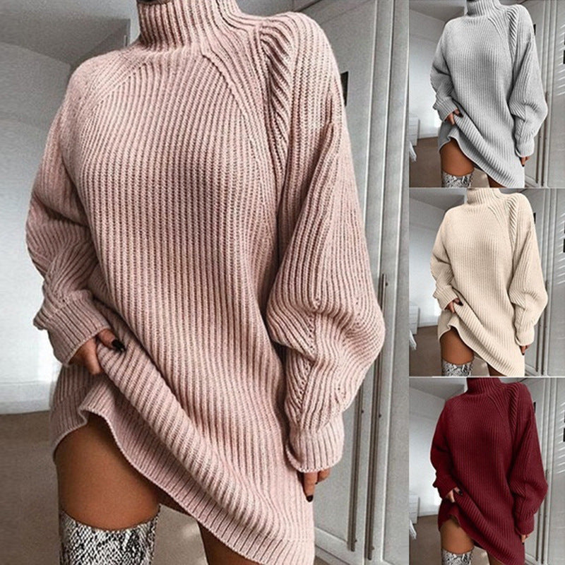Women's Turtleneck Sweater Dress - Cozy Long Knit Winter Dress