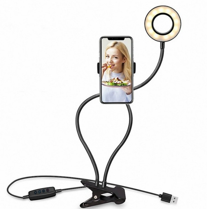 LED Selfie Ring Light with Phone Holder & Flexible Stand - 3 Colors, 10 Brightness
