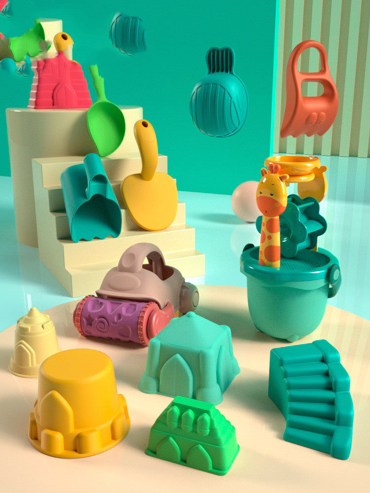 Kids Beach Sand Toy Set - Bucket, Shovels, Molds & Water Wheel Outdoor Kit