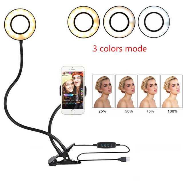LED Selfie Ring Light with Phone Holder & Flexible Stand - 3 Colors, 10 Brightness