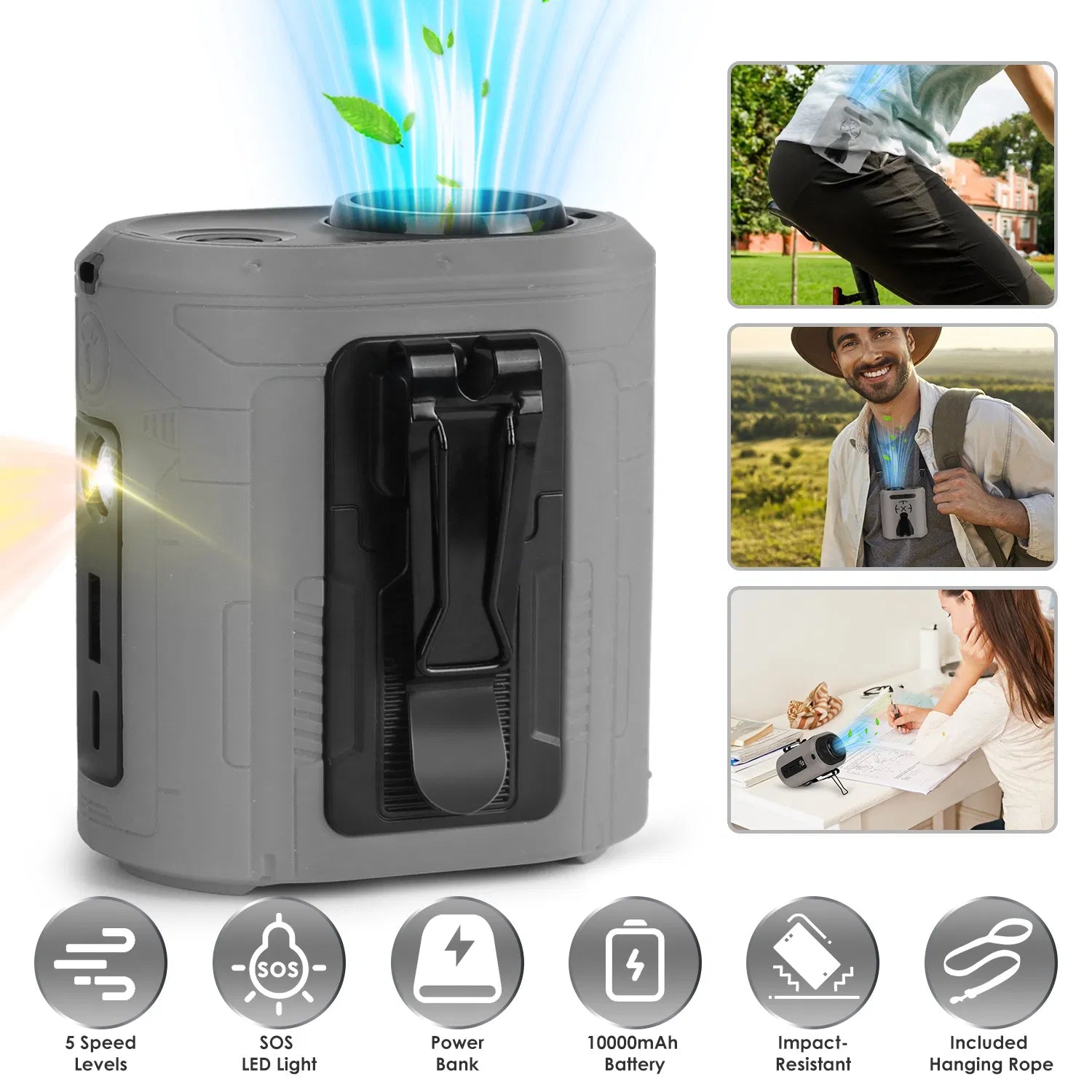 5-in-1 Waist Clip Fan - Hands-Free Rechargeable Belt Fan with 5 Speeds & Light