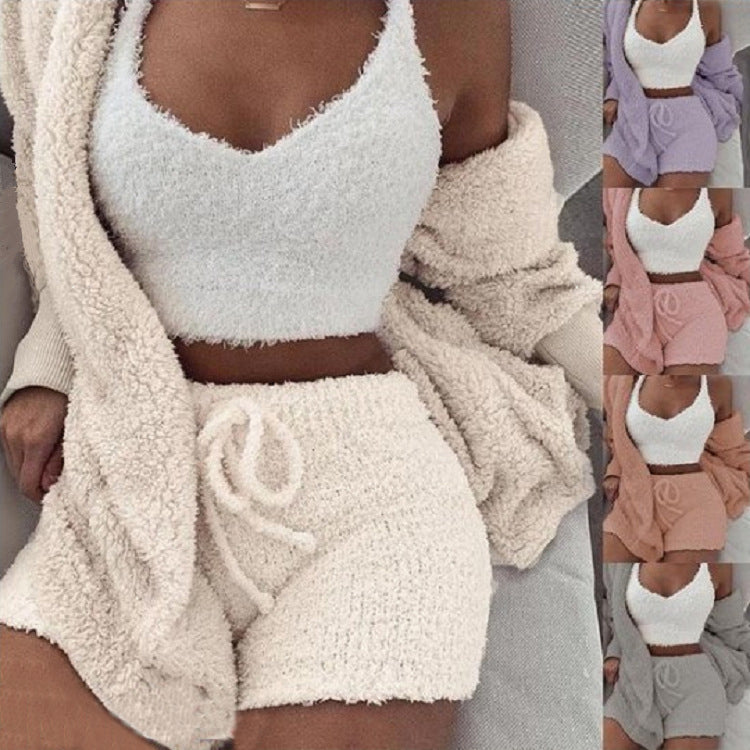 Women's 3-Piece Pajama Set - Crop Tank Top & Drawstring Shorts Loungewear