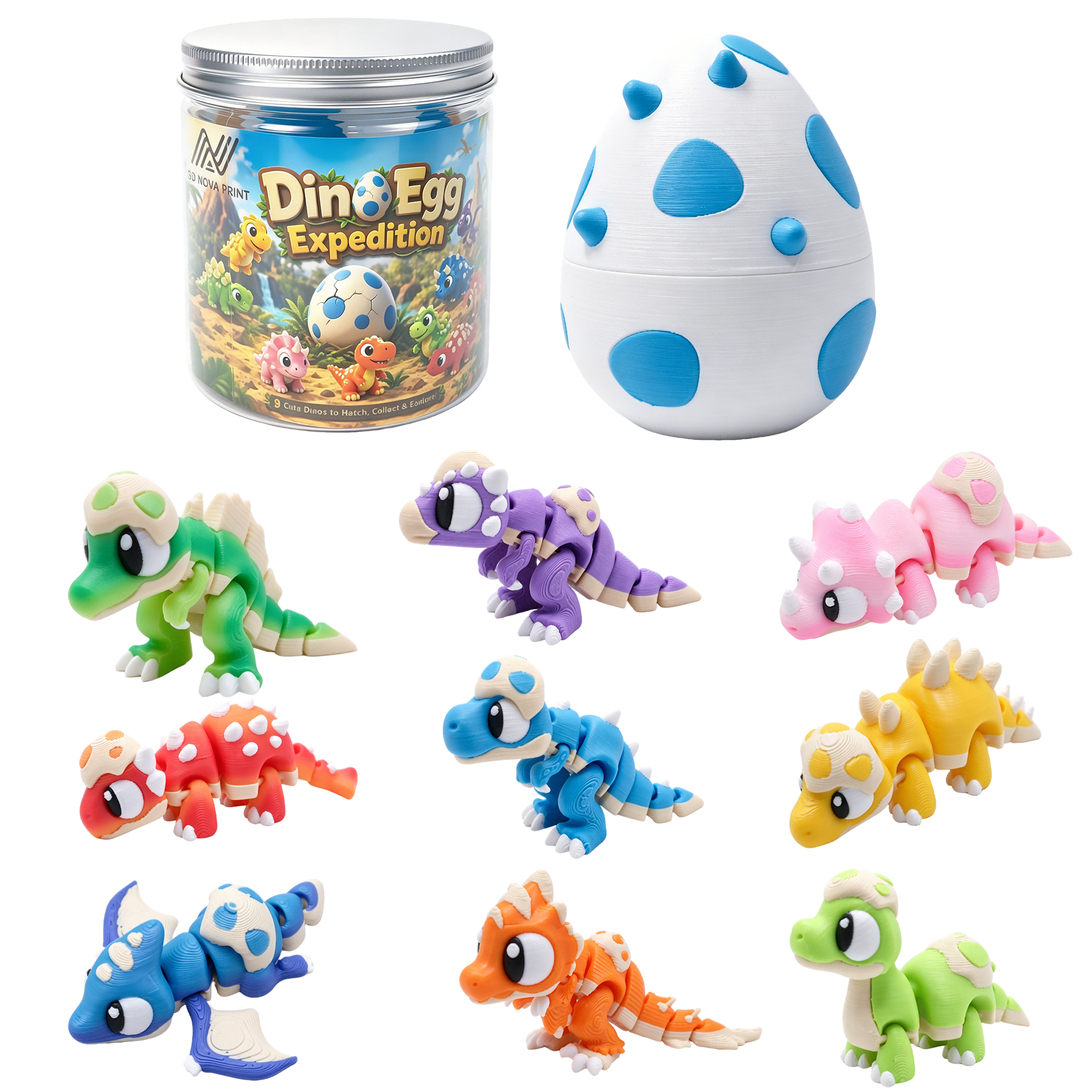 3D Printed Articulated Dinosaur Set - 9 Flexible Fidget Dinos with Egg Storage