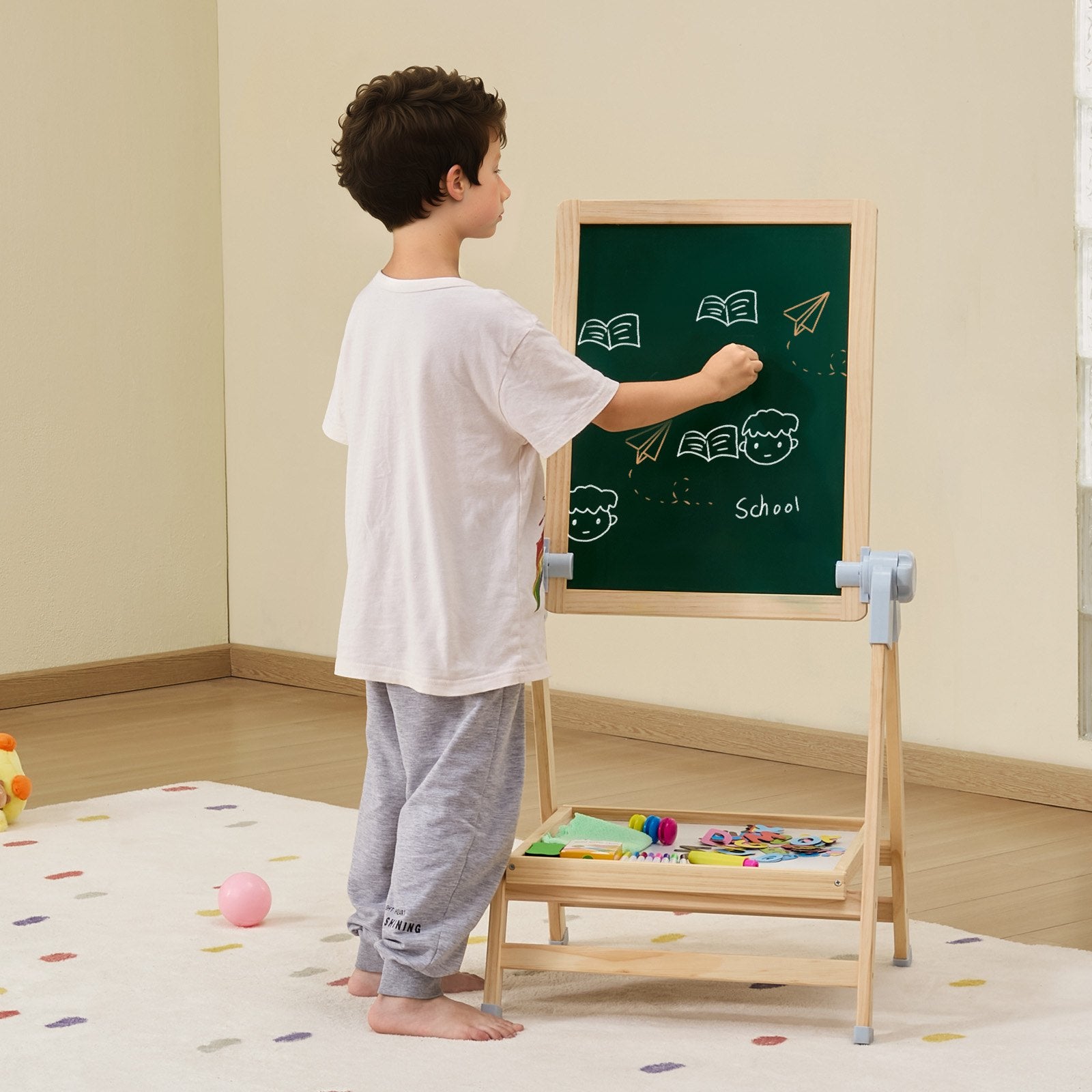 2-in-1 Kids Art Easel - Double-Sided Wooden Magnetic Whiteboard & Chalkboard