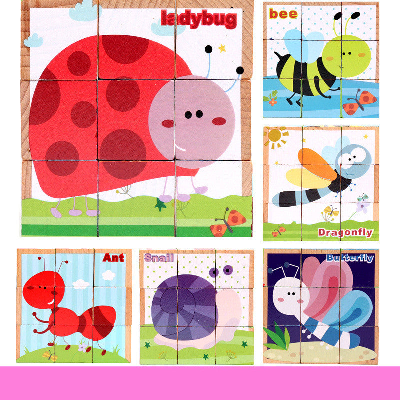 Wooden 3D Cube Puzzle - 6-in-1 Picture Blocks Educational Toy for Kids