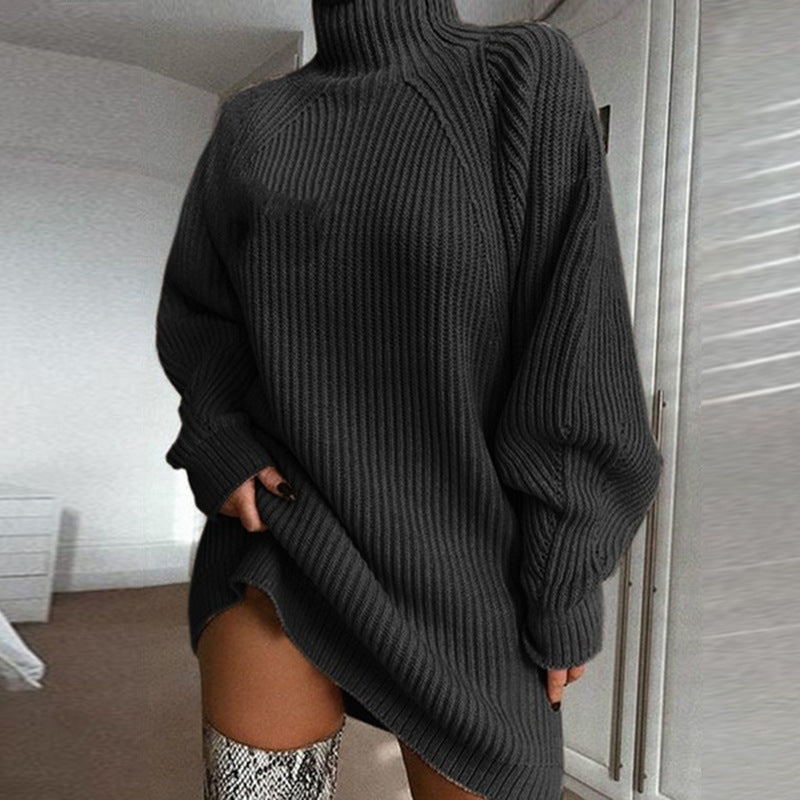 Women's Turtleneck Sweater Dress - Cozy Long Knit Winter Dress