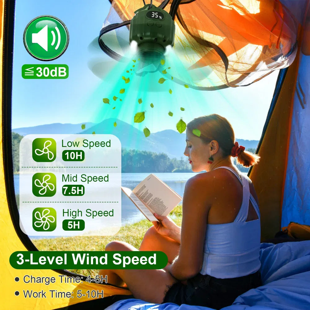 Rechargeable Camping Fan with LED Light - Hanging Tent Fan & Power Bank for Outdoors