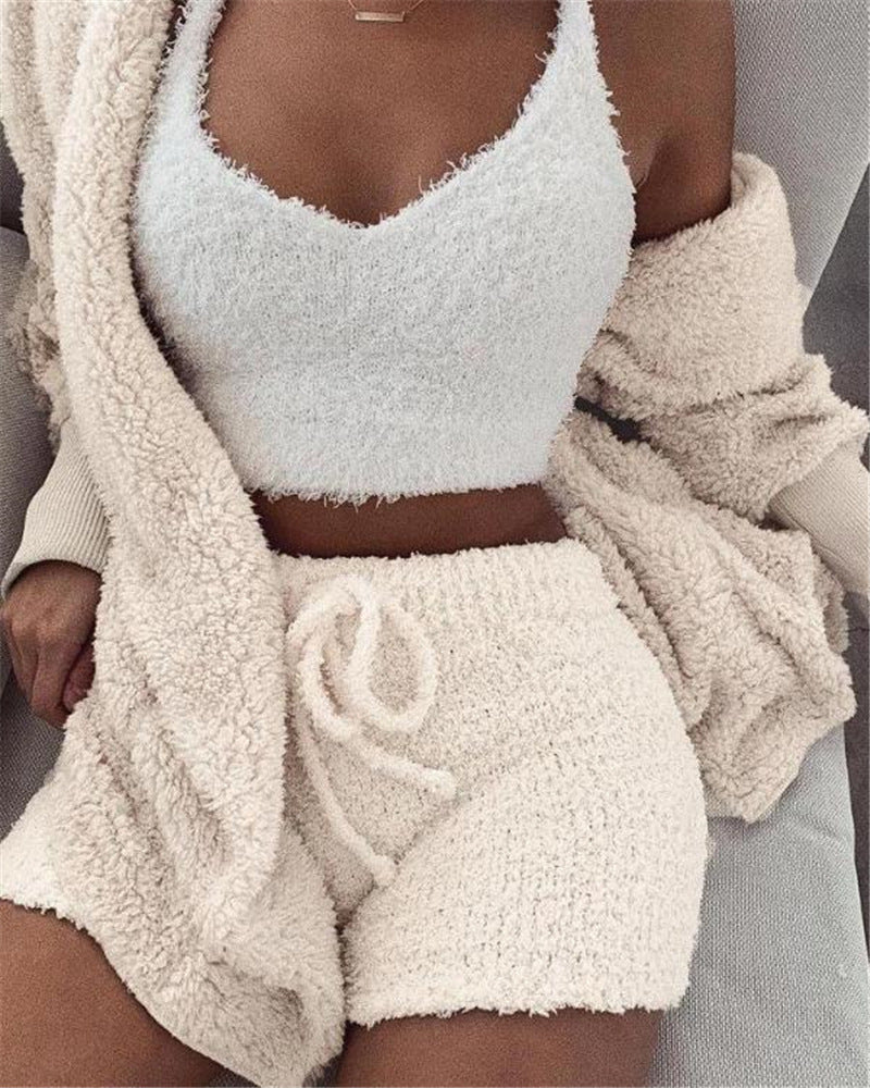 Women's 3-Piece Pajama Set - Crop Tank Top & Drawstring Shorts Loungewear
