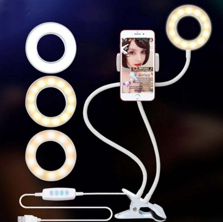 LED Selfie Ring Light with Phone Holder & Flexible Stand - 3 Colors, 10 Brightness