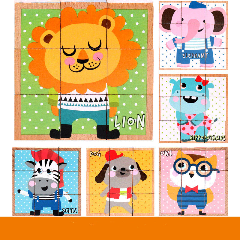 Wooden 3D Cube Puzzle - 6-in-1 Picture Blocks Educational Toy for Kids