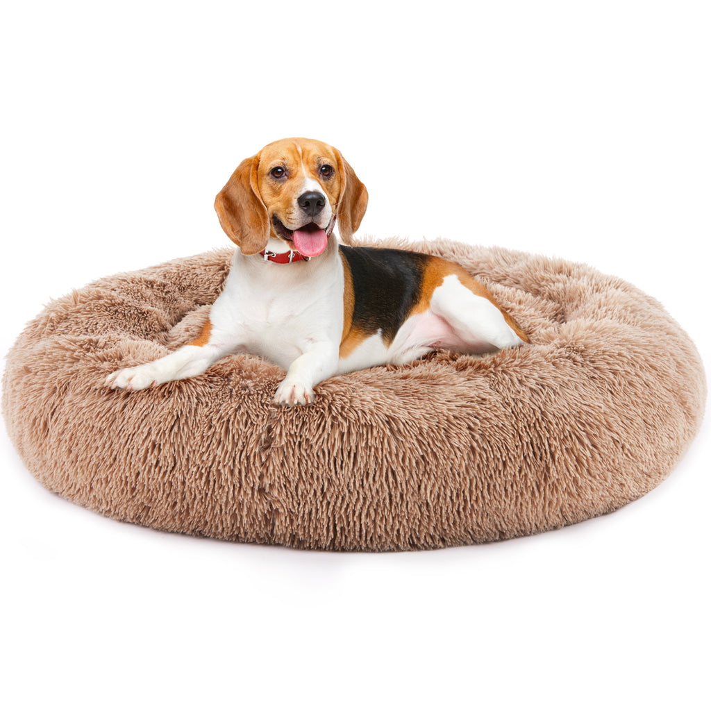 Fluffy Faux Fur Round Pet Bed - Anti-Slip Calming Donut Bed for Cats & Small Dogs