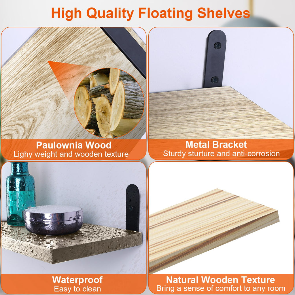 Wooden Floating Shelves Set (6 Pieces, Metal Brackets)