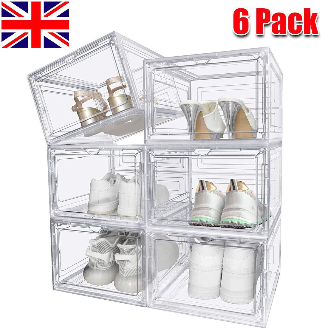 6 Pack Transparent Shoe Storage Boxes Hard Plastic