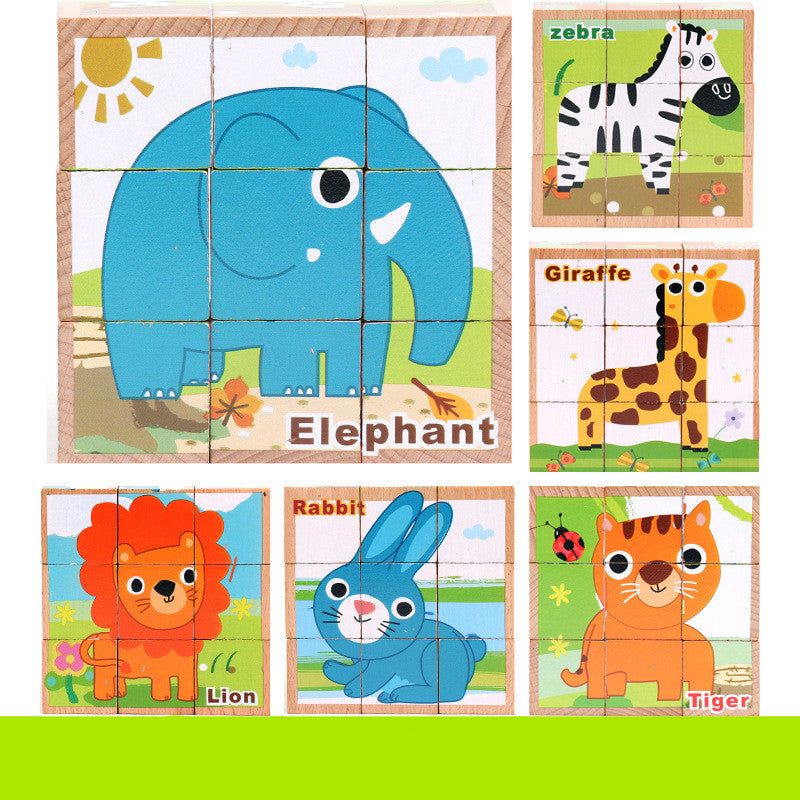 Wooden 3D Cube Puzzle - 6-in-1 Picture Blocks Educational Toy for Kids