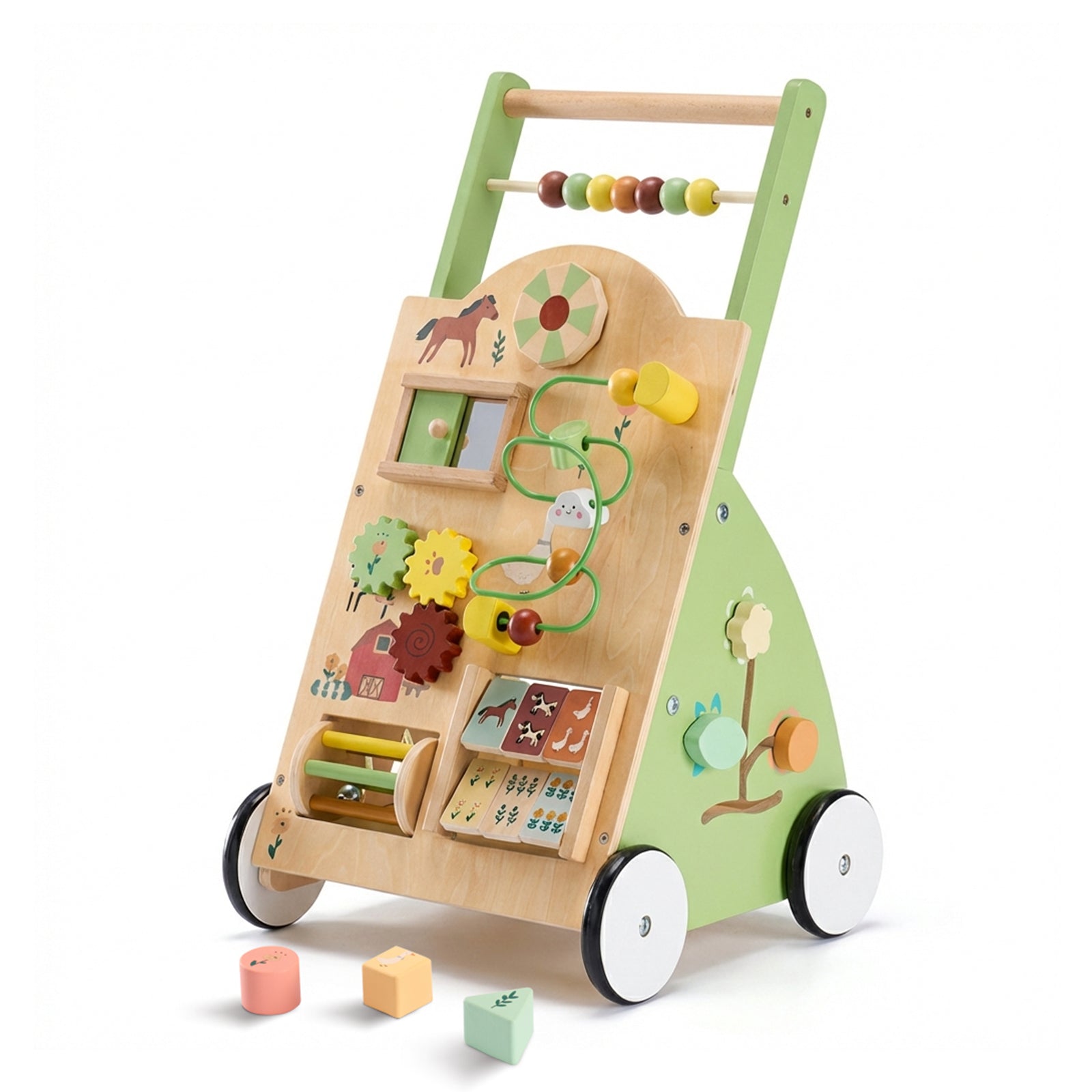 Wooden Montessori Baby Walker - Adjustable Speed Push Walker with Activity Center