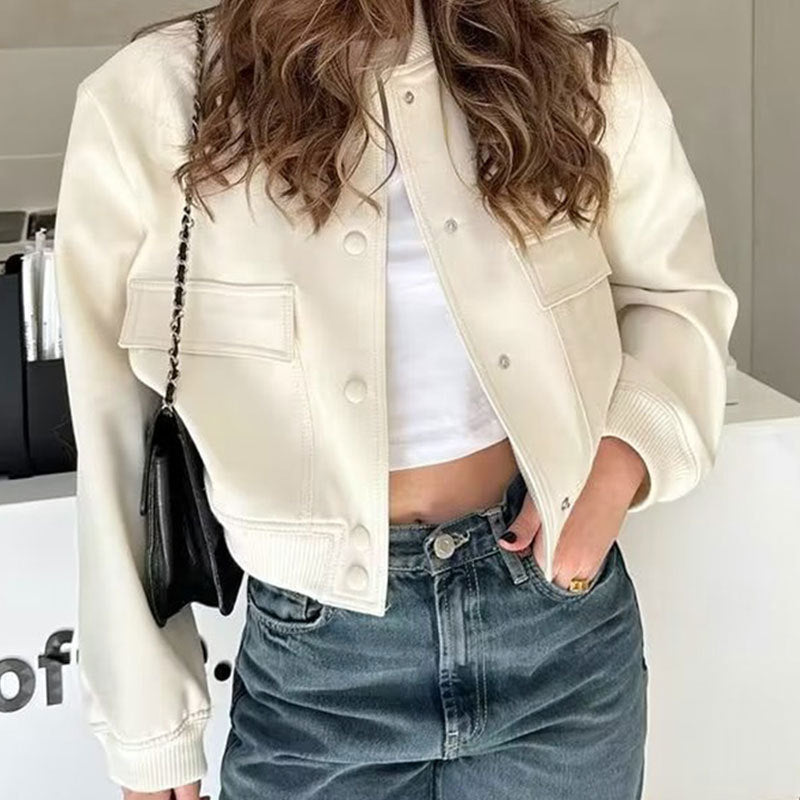Fashion Button Stand-collar Jacket With Big Pockets Casual Loose