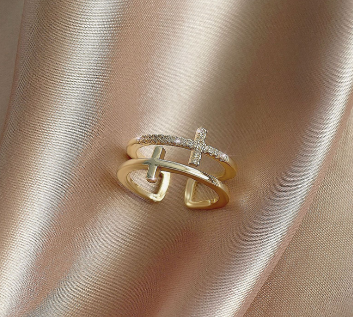 Double Cross Zircon Ring - Dainty Stackable CZ Band for Women
