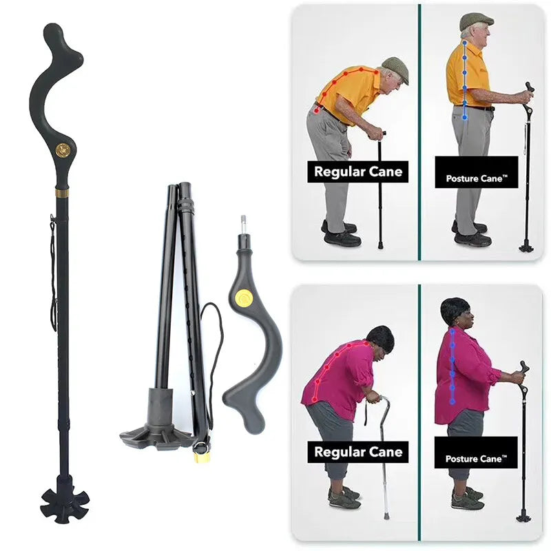 Adjustable Posture Cane - Self-Standing Walking Stick with Pivoting Base for Stability