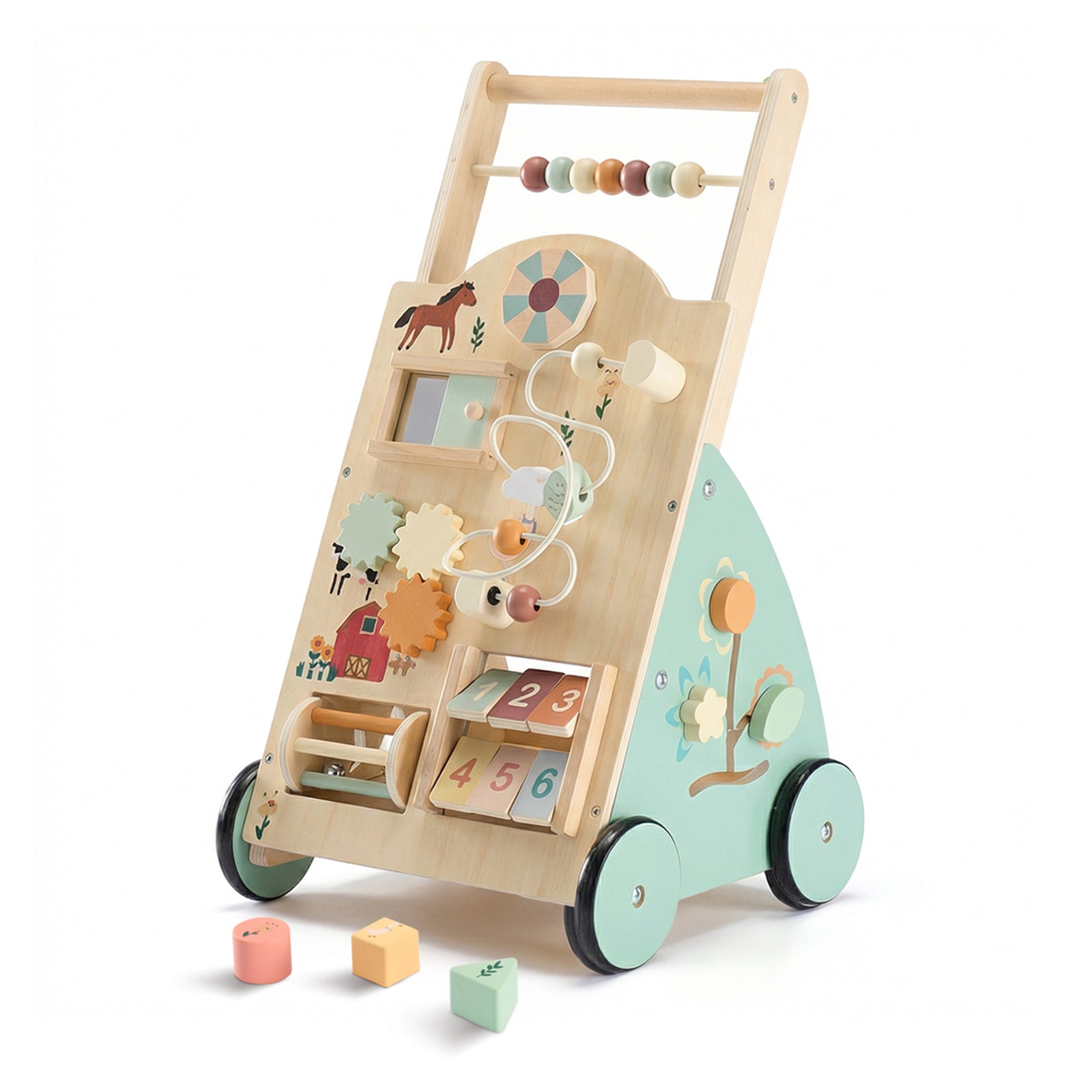 Wooden Montessori Baby Walker - Adjustable Speed Push Walker with Activity Center