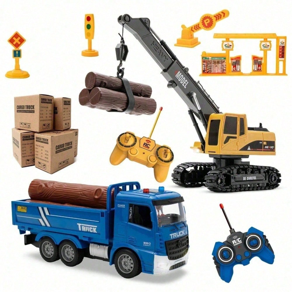2-in-1 RC Crane Truck - Educational Construction Remote Control Toy with Lights & DIY Accessories