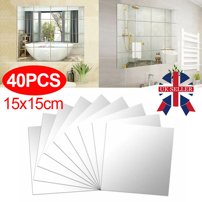 40X Glass Mirror Tiles Wall Sticker Square Self Adhesive