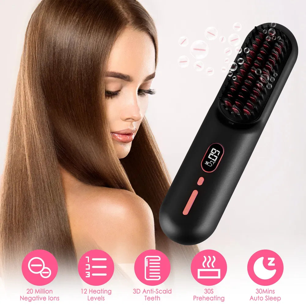 Ionic Hair Straightener Brush - Anti-Frizz Ceramic Heated Brush for Smooth, Shiny Hair