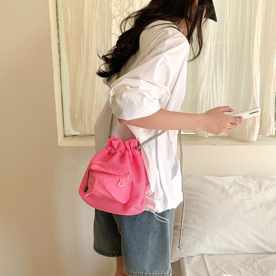 Small Mesh Drawstring Bucket Bag Fashion Cute Messenger Shoulder