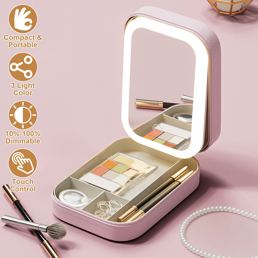 Travel Makeup Bag with LED Mirror - Portable Rechargeable Cosmetic Case