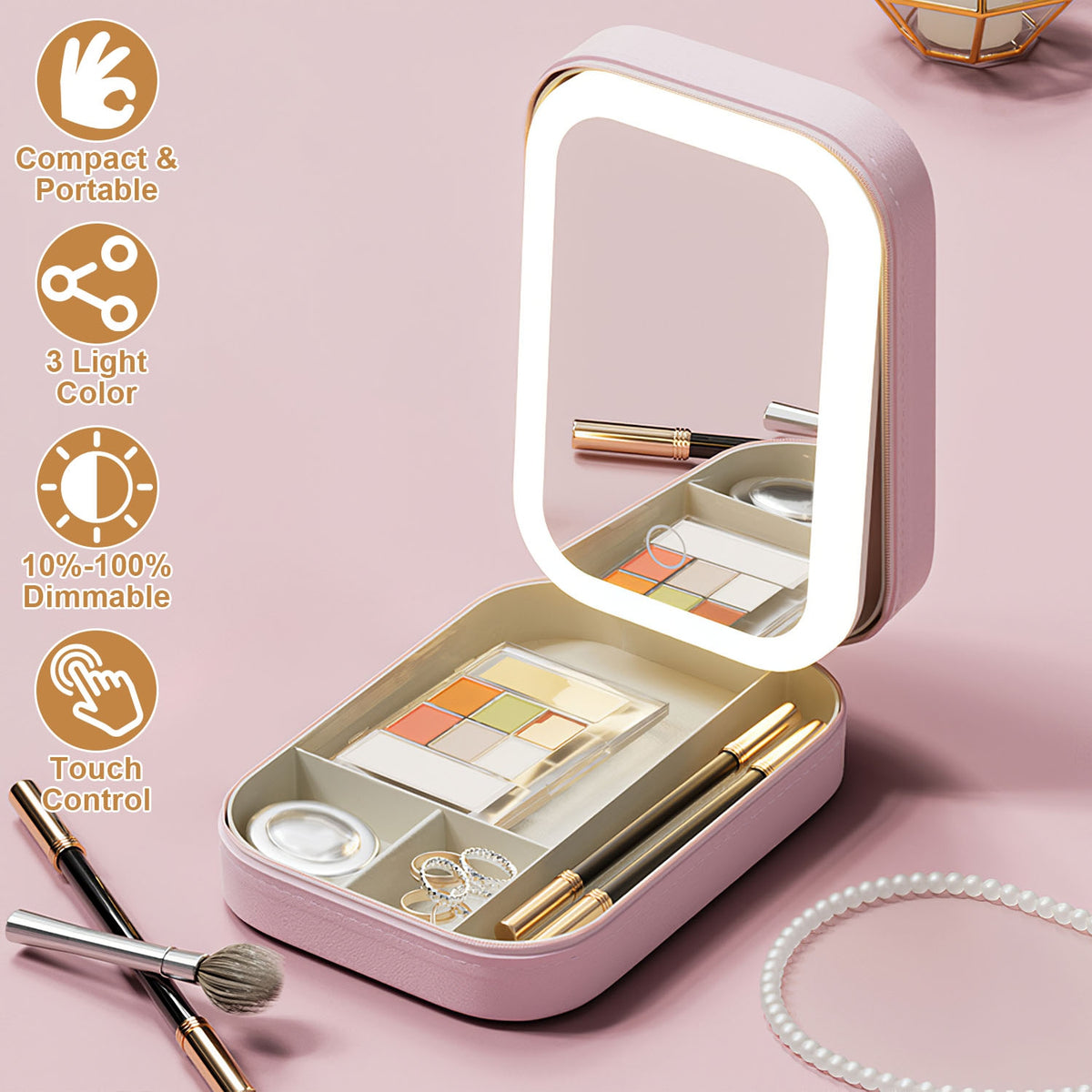 Travel Makeup Bag with LED Mirror - Portable Rechargeable Cosmetic Case