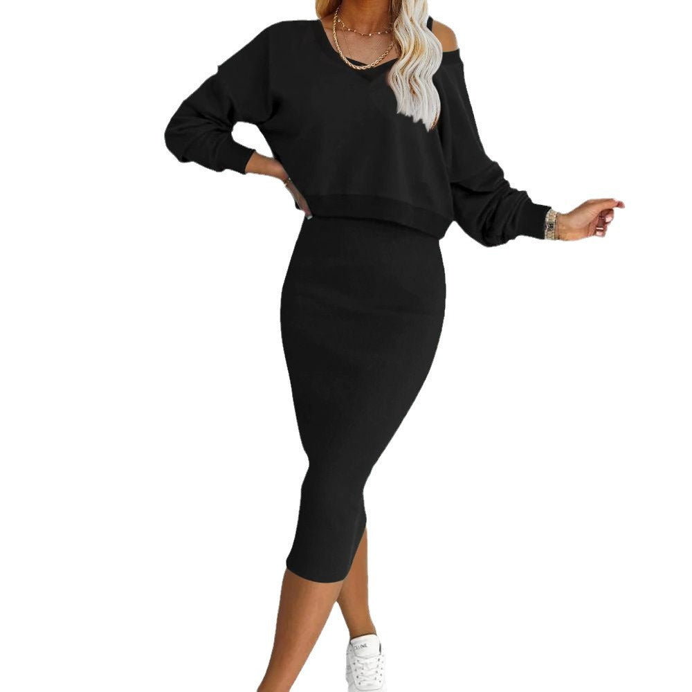 Women's Two Piece Dress Suit Fashion Long-sleeved  V-neck