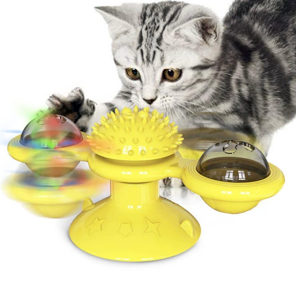 Interactive Windmill Cat Toy - Suction-Cup Spinning Teaser with LED Ball for Cats
