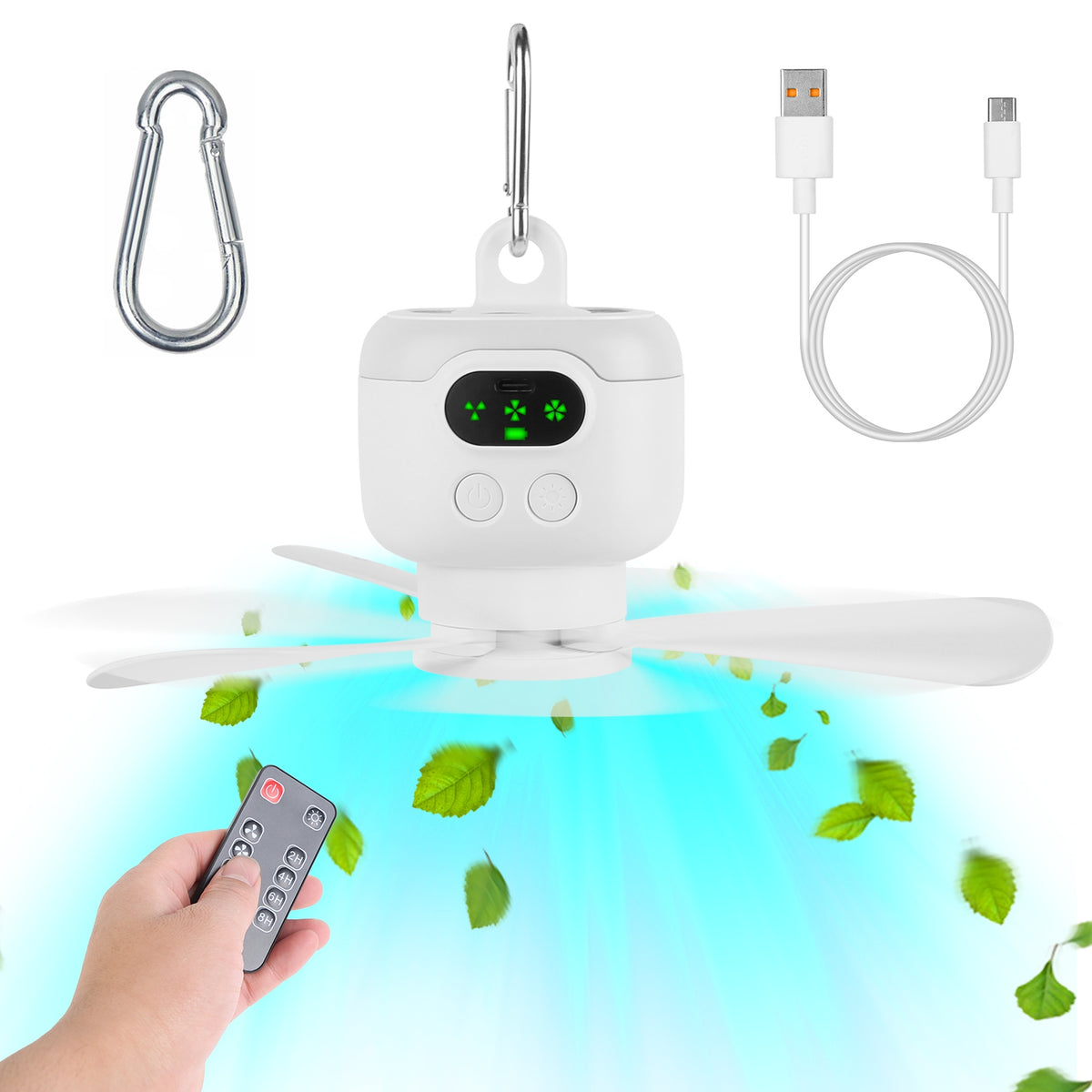 2-in-1 Portable Camping Fan with LED Lantern - 8000mAh Rechargeable Tent Fan with Hanging Hook