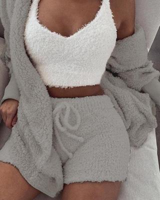 Women's 3-Piece Pajama Set - Crop Tank Top & Drawstring Shorts Loungewear