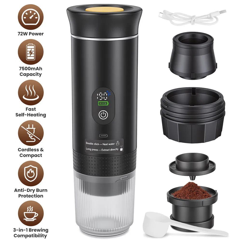 Portable Espresso Machine - Cordless Self-Heating 3-in-1 Coffee Maker for Travel & Car