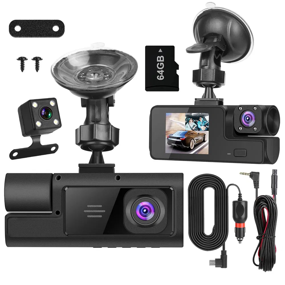 3-Channel Dash Cam 1080P - Front, Rear & Inside Car Camera with 64GB Card
