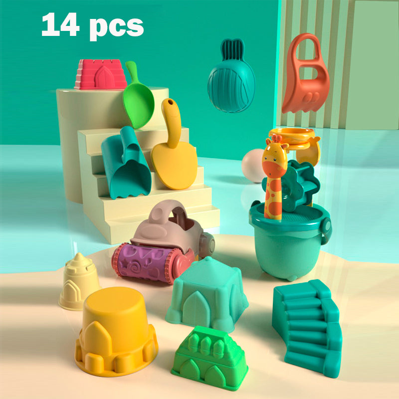 Kids Beach Sand Toy Set - Bucket, Shovels, Molds & Water Wheel Outdoor Kit