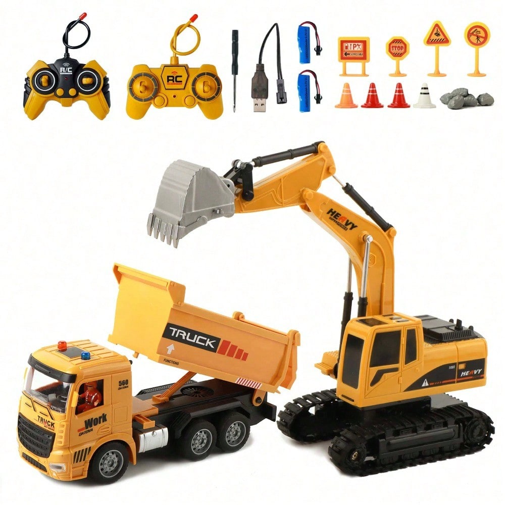 RC Dump Truck & Excavator Set - 2-in-1 Remote Control Construction Toys with Lights & Sounds