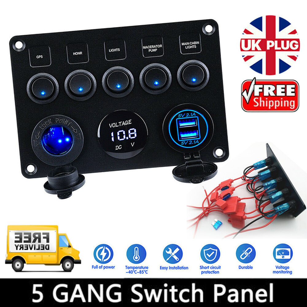 5 Gang Campervan RV 12V LED Light Control Panel Voltmeter
