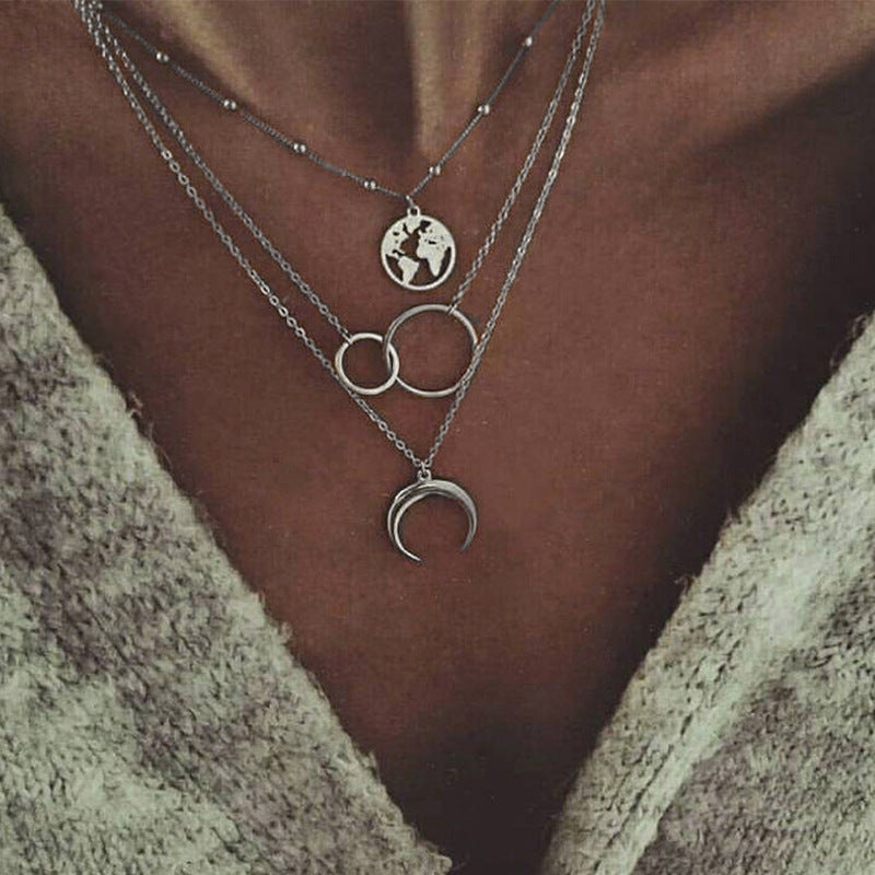 Boho Multilayer Moon Map Necklace - Layered Celestial Necklace