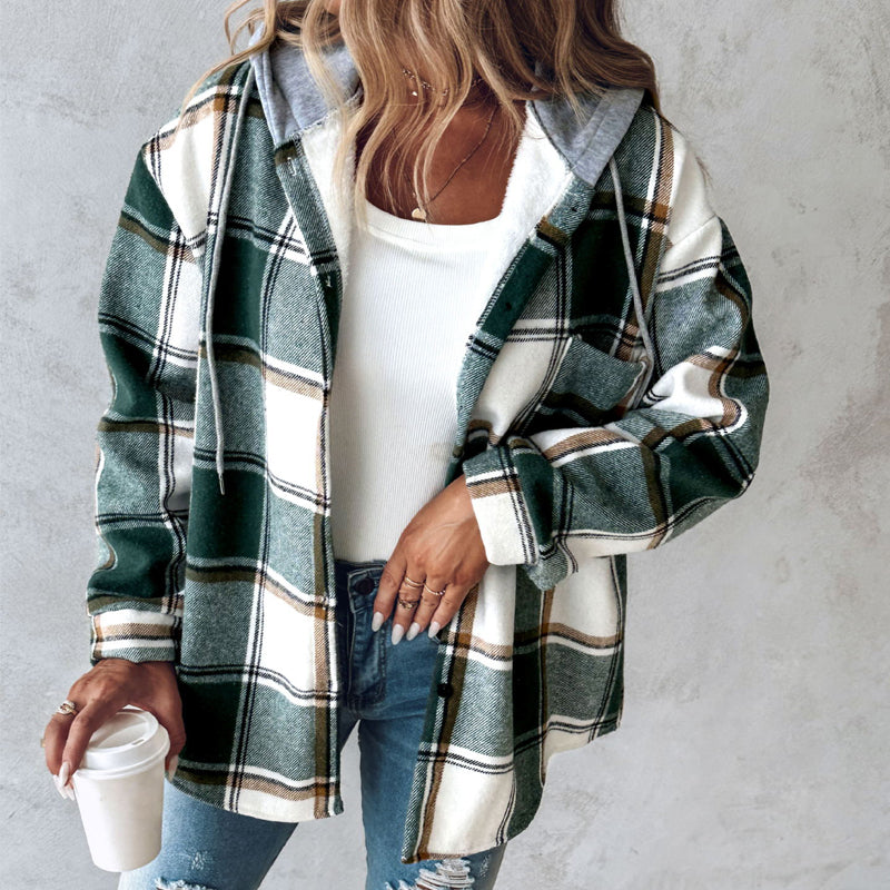 Plaid Hooded Jacket Fashion Casual Button Pocket Coat Autumn And