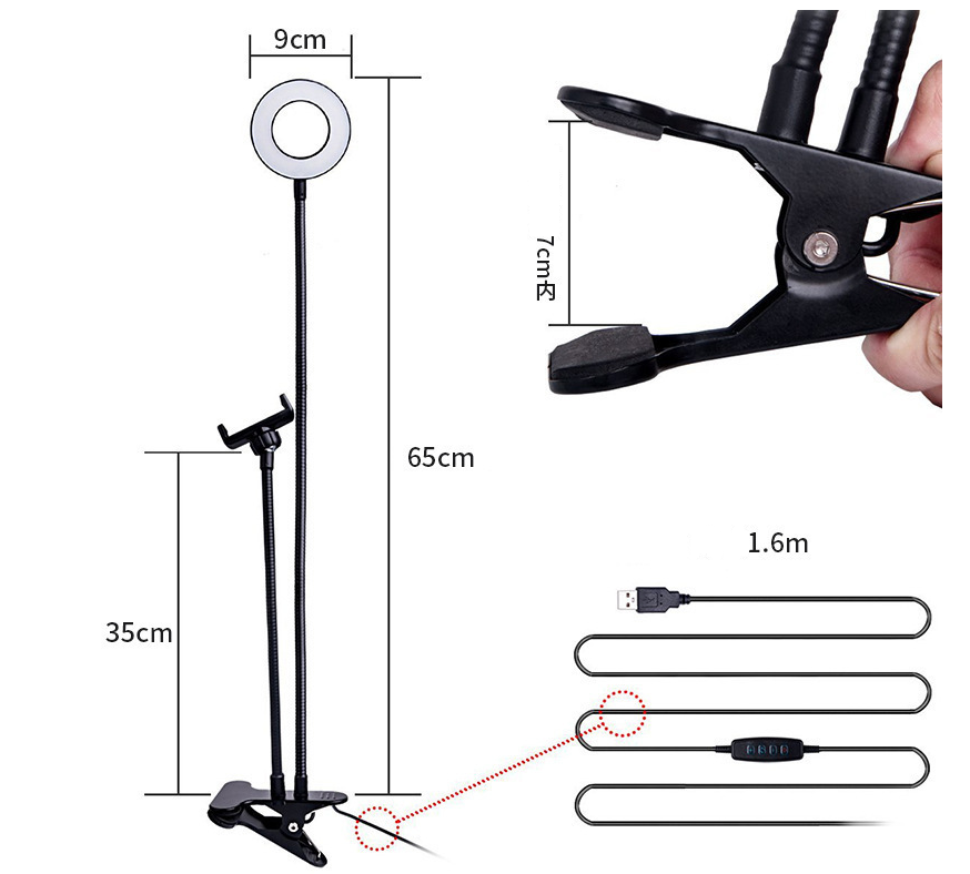 LED Selfie Ring Light with Phone Holder & Flexible Stand - 3 Colors, 10 Brightness