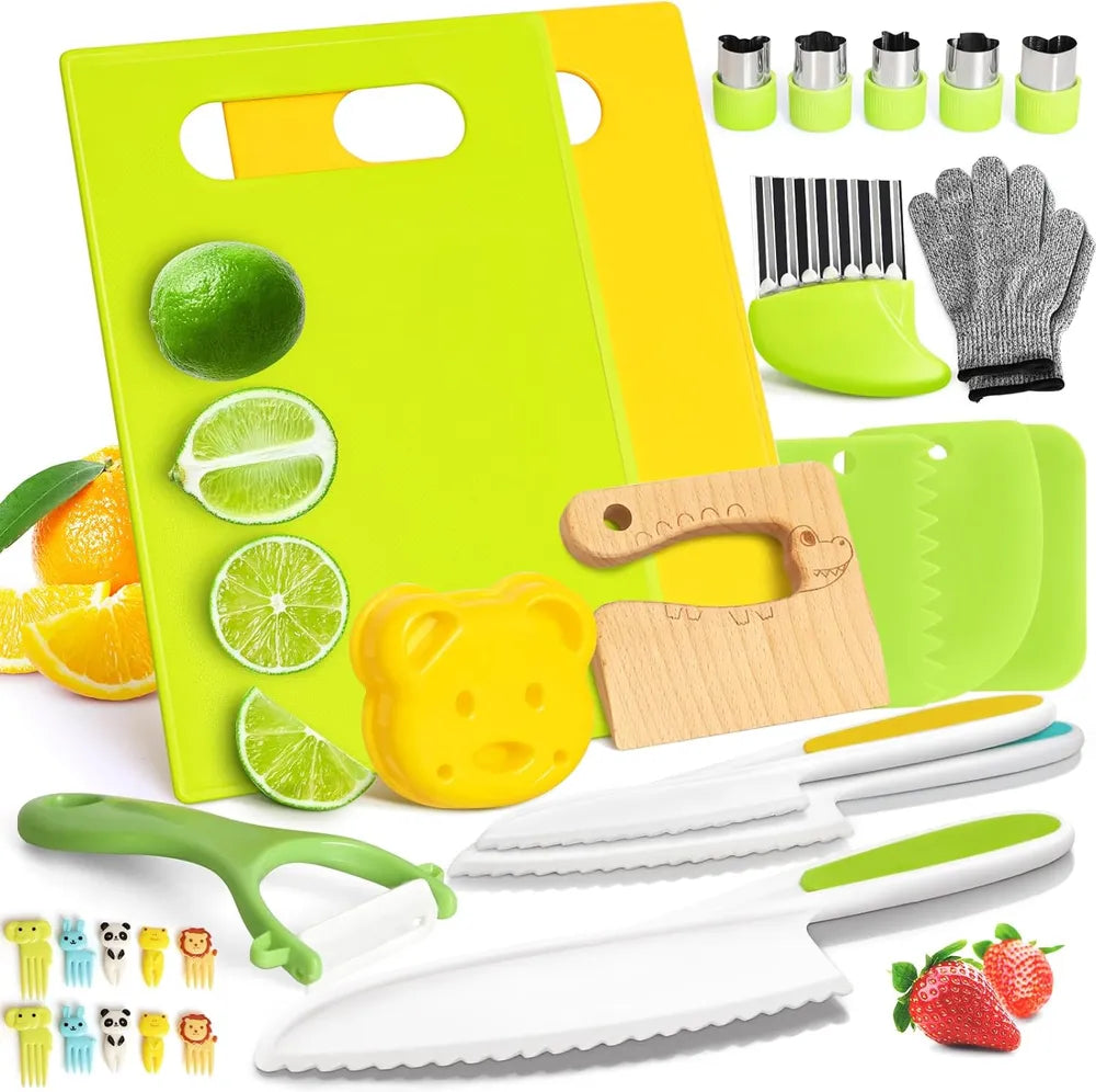 28-Piece Kids Cooking Knife Set - Montessori Real Kitchen Tools with Cutting Board for Children