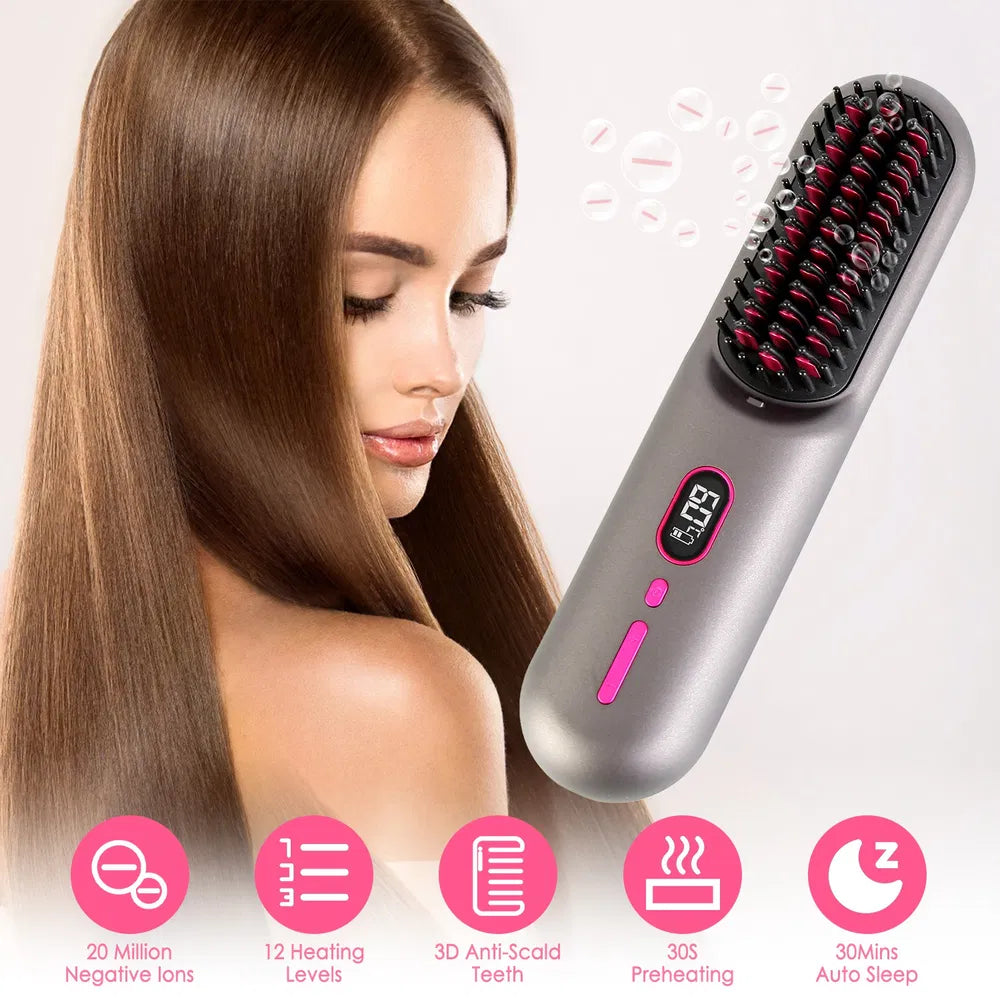 Ionic Hair Straightener Brush - Anti-Frizz Ceramic Heated Brush for Smooth, Shiny Hair