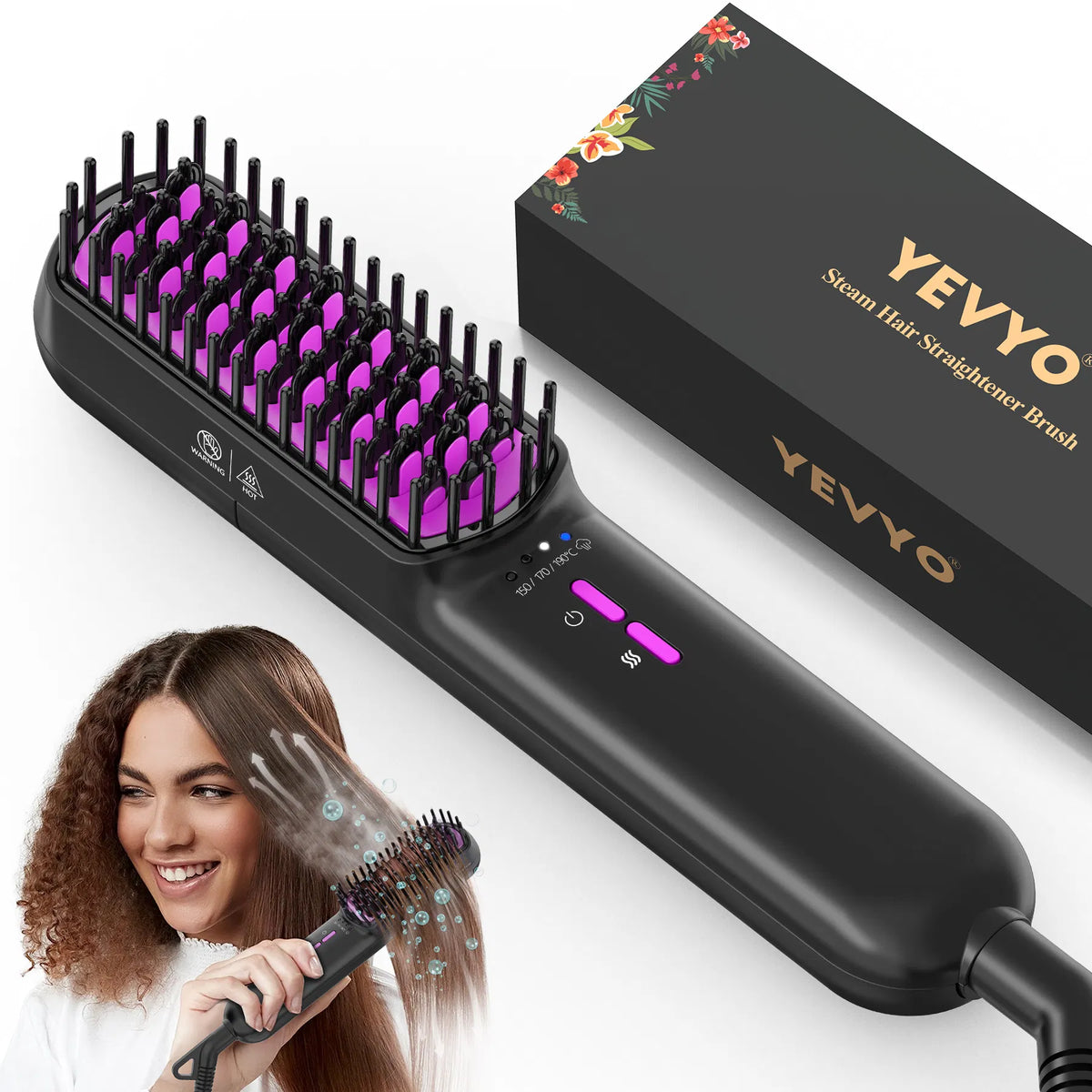 Ionic Steam Hair Straightener Brush - Anti-Frizz Heated Styling Comb
