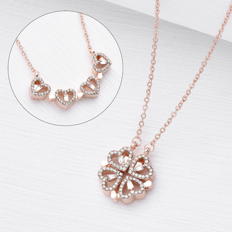 Four-Leaf Clover Heart Locket Necklace - Magnetic Folding Pendant